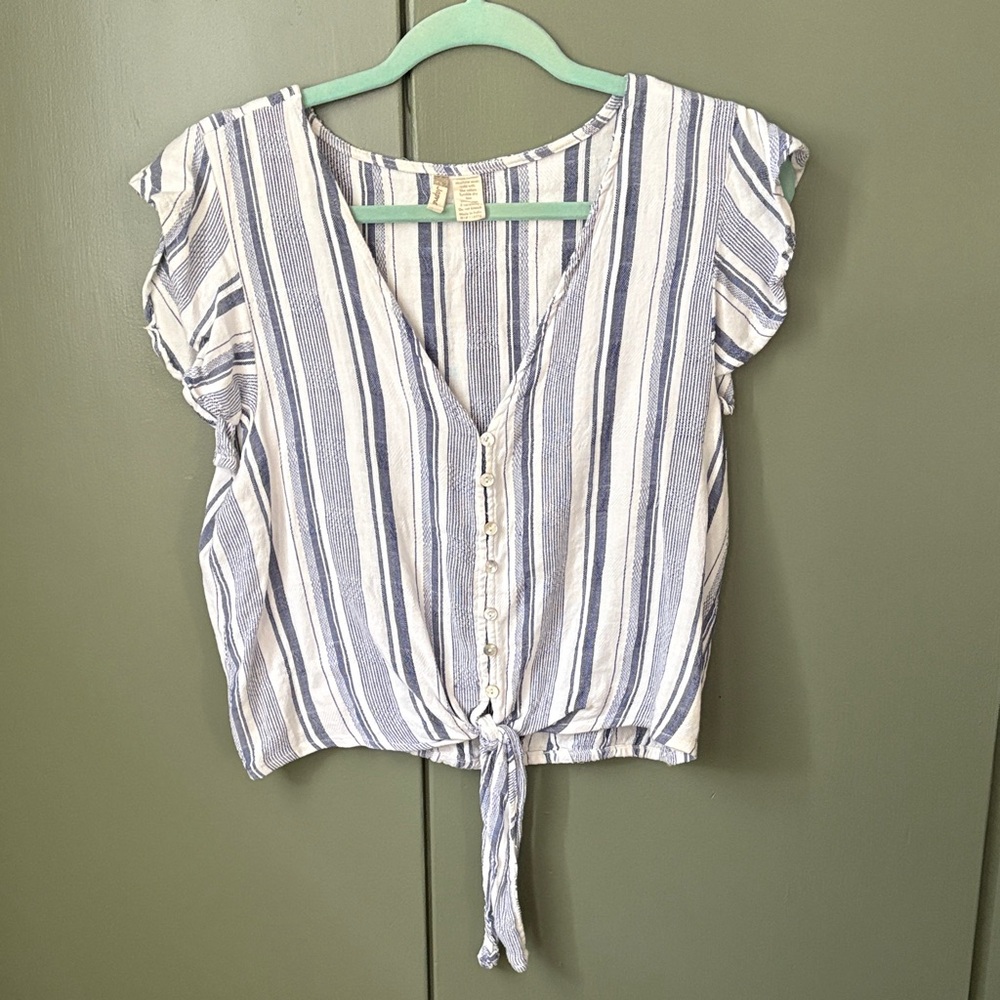 Japna Blue and White Striped Tie-Front Blouse